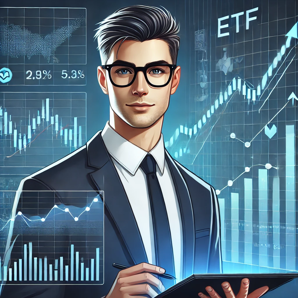 Smart investor analyzing stock market charts on a digital screen, surrounded by financial graphs, ETF symbols, and upward-trending arrows in a modern financial workspace.