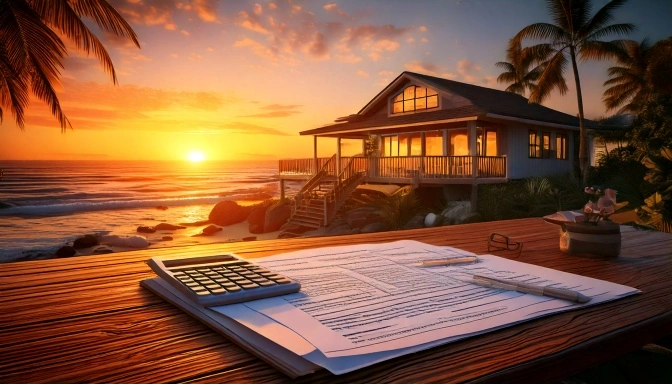 A modern Florida home with large windows, surrounded by palm trees, with a calculator and insurance documents on a desk, symbolizing home insurance calculations.